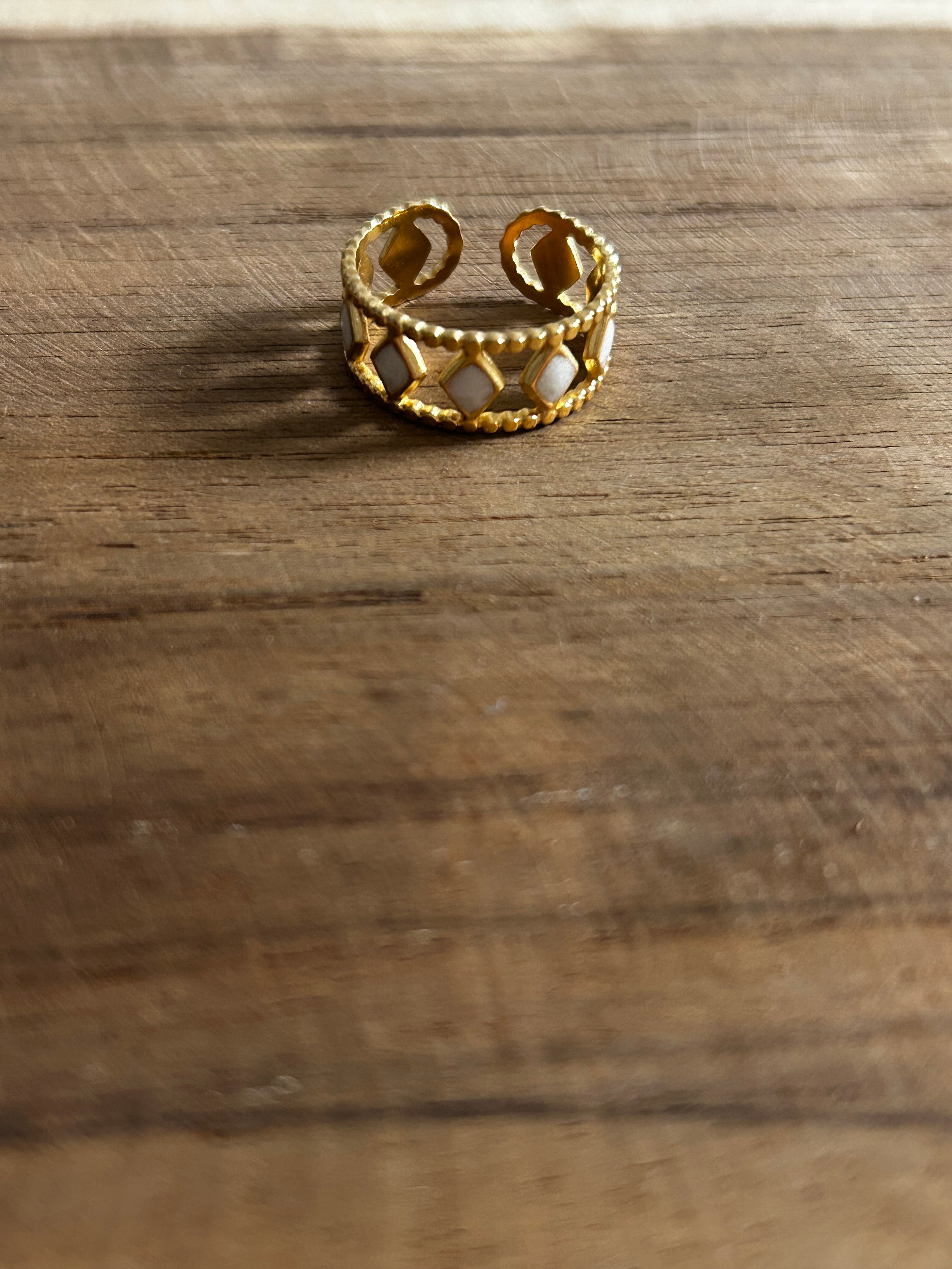 Bague acier inoxydable doré losanges nacrés