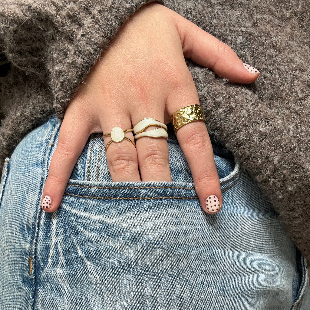 Bague acier inoxydable doré pierre nacré