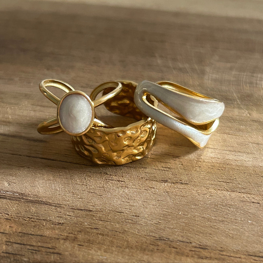 Bague acier inoxydable doré pierre nacré