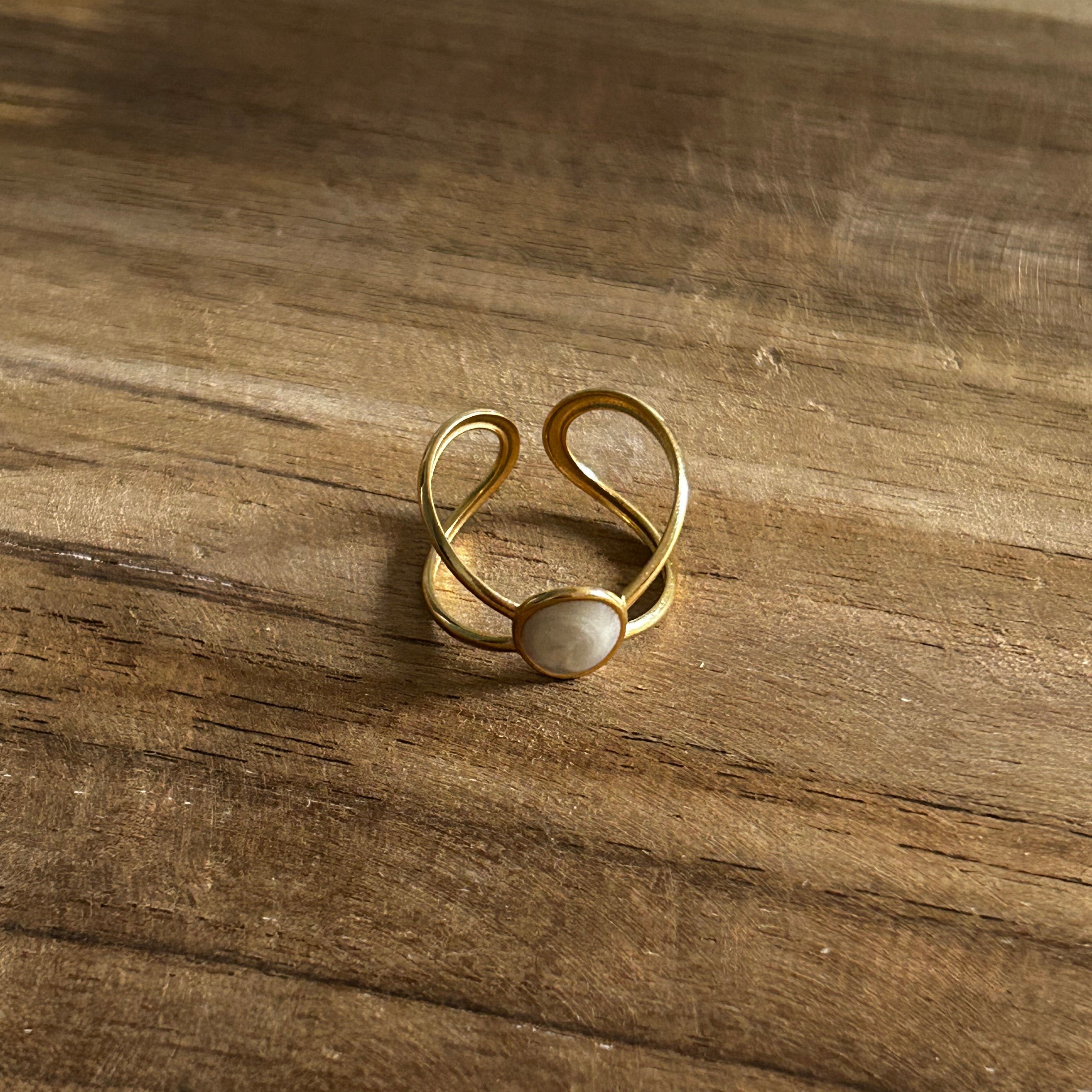 Bague acier inoxydable doré pierre nacré