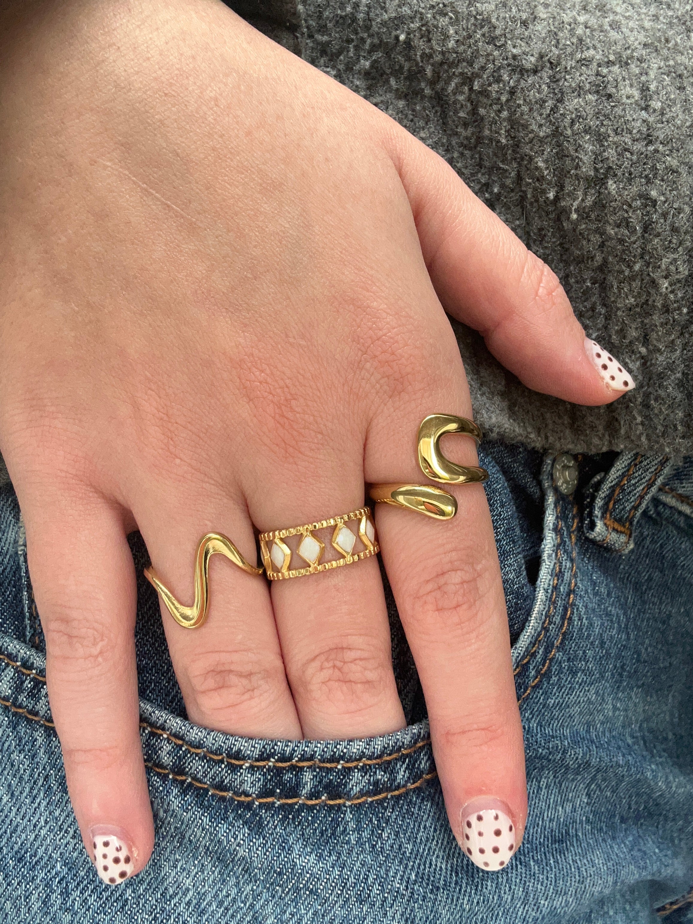 Bague acier inoxydable doré losanges nacrés
