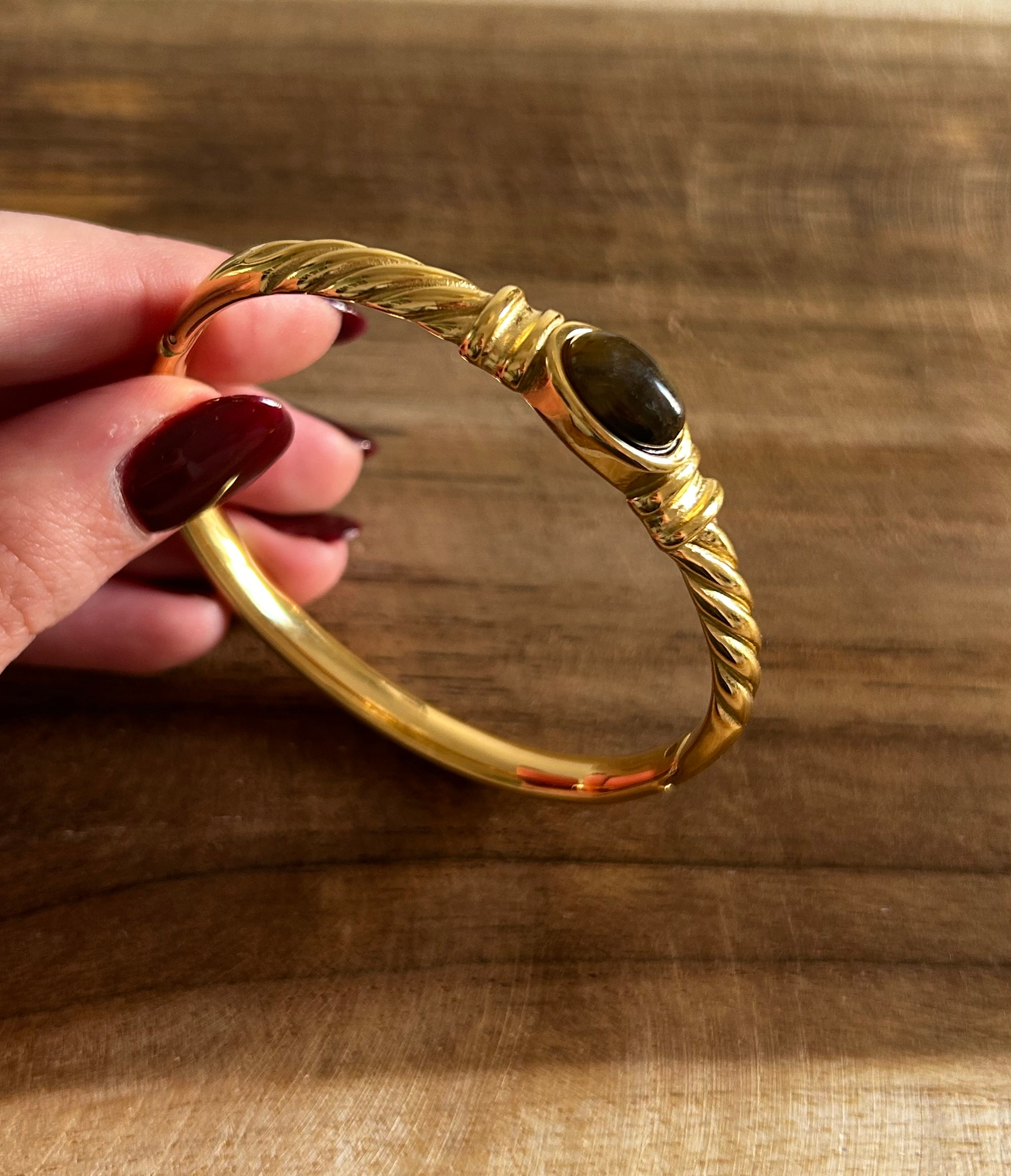 Bracelet réglable acier inoxydable doré pierre marron