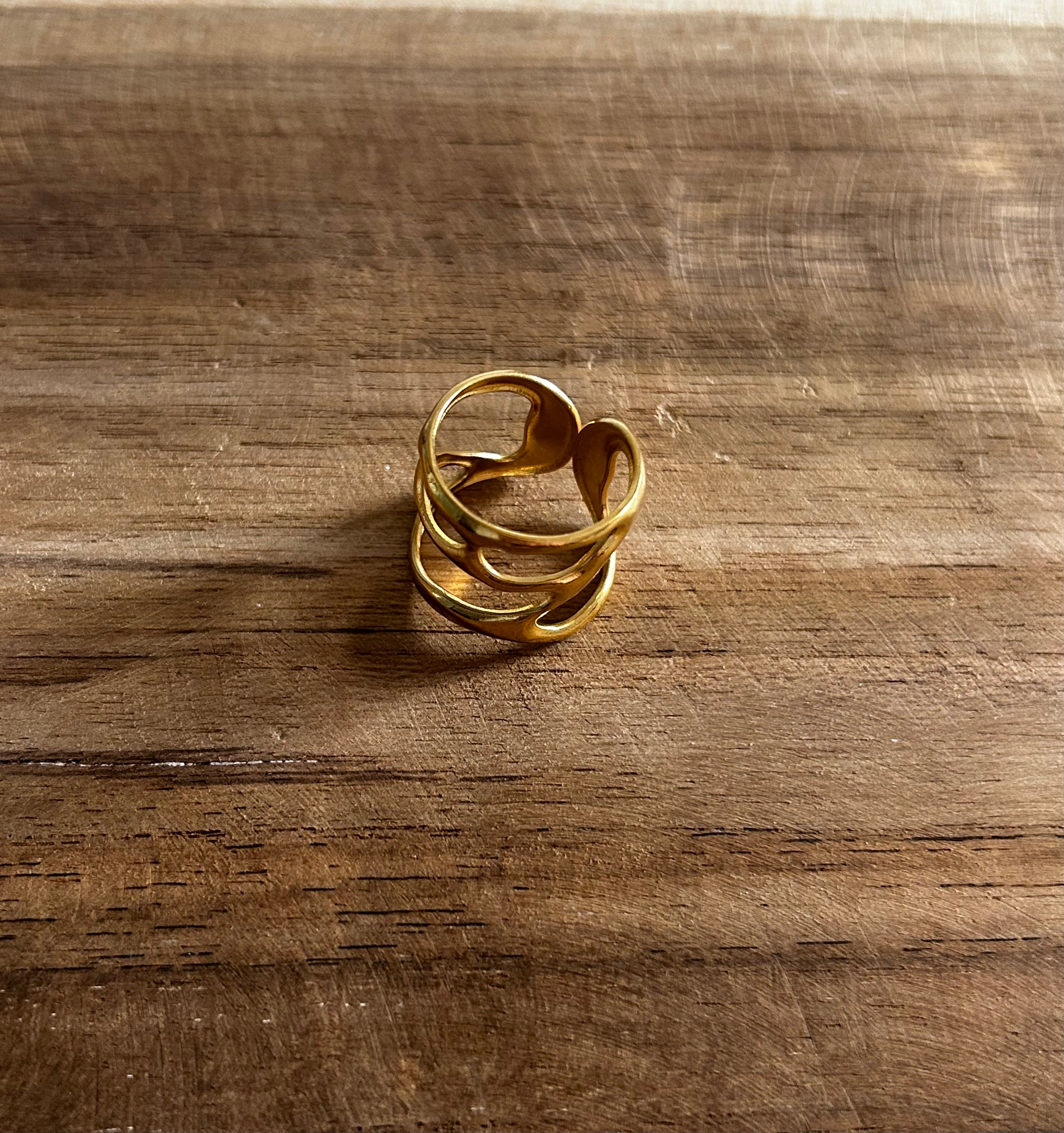 Bague réglable acier inoxydable doré formes géométriques