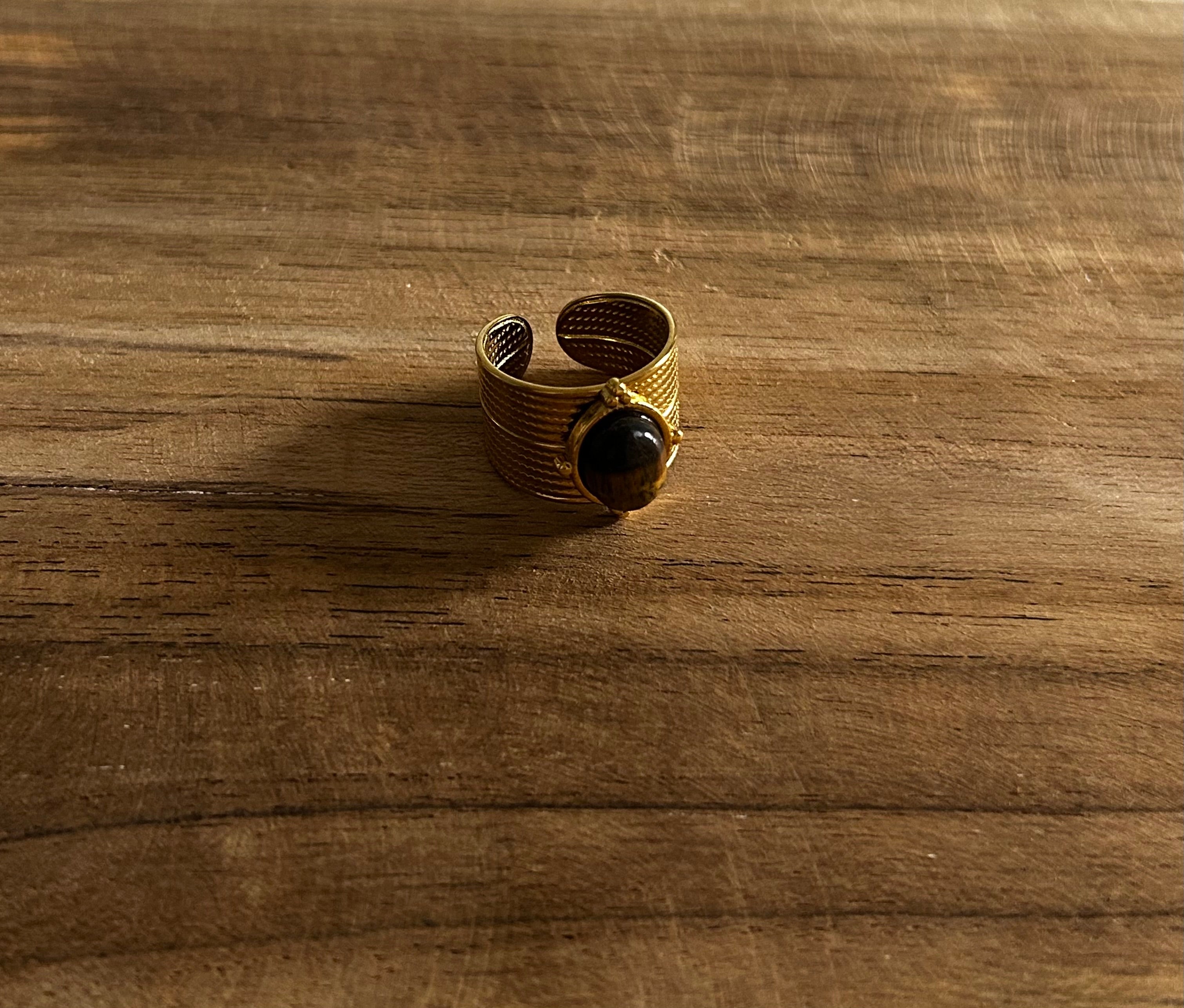 Bague réglable acier inoxydable doré pierre marron