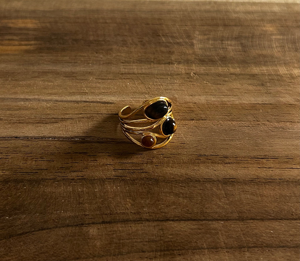 Bague réglable acier inoxydable doré trois pierres marrons