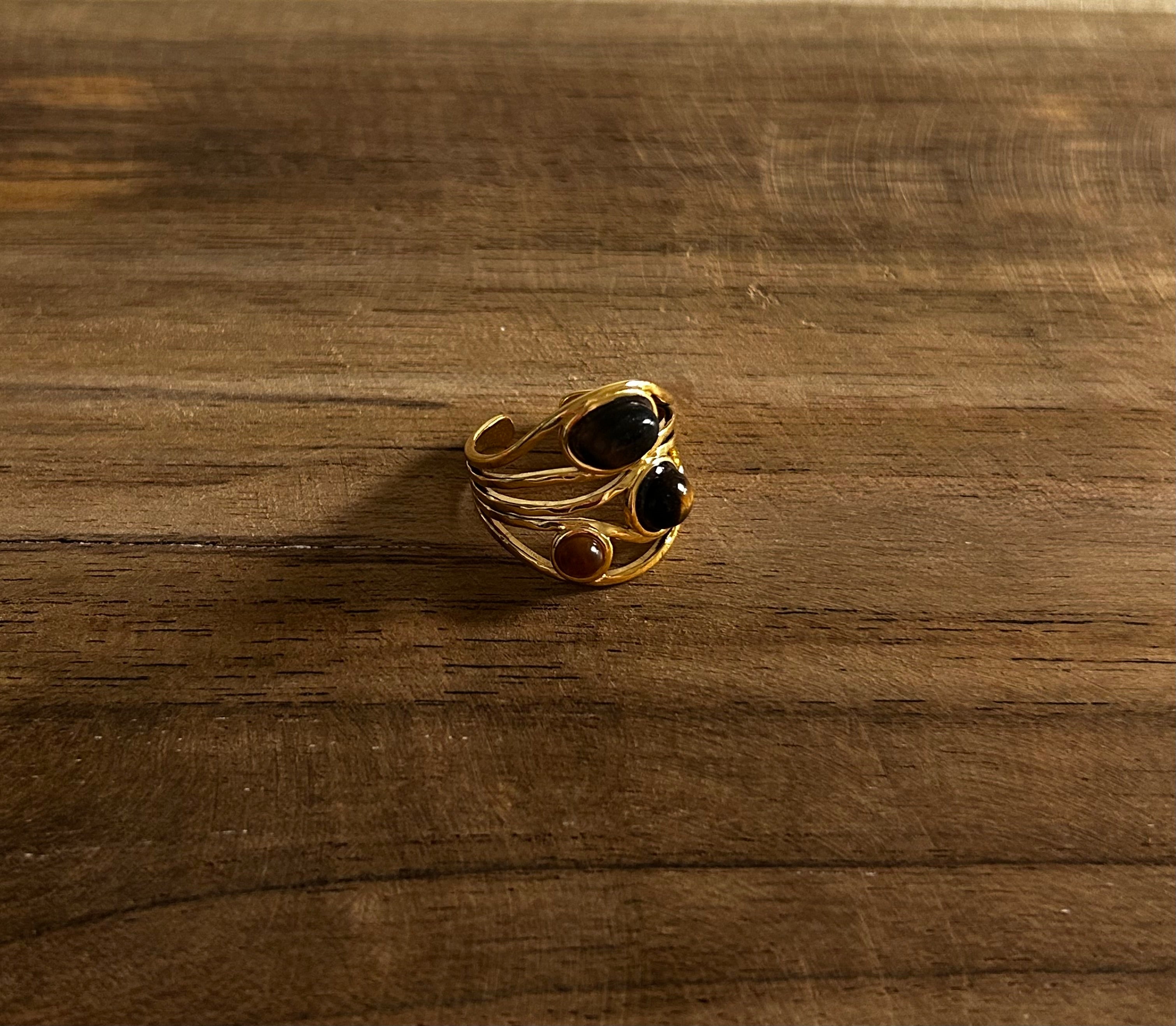Bague réglable acier inoxydable doré trois pierres marrons