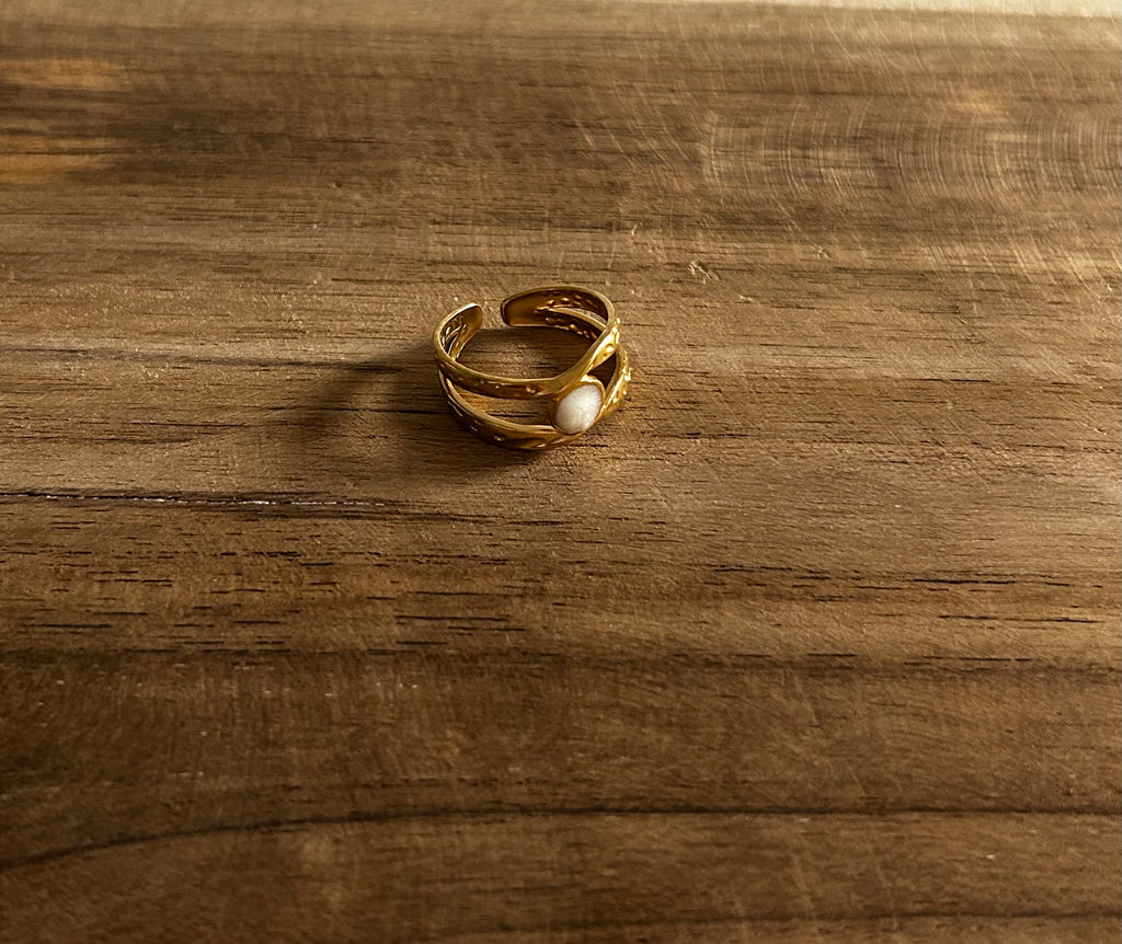 Bague réglable acier inoxydable doré double rang pierre nacrée