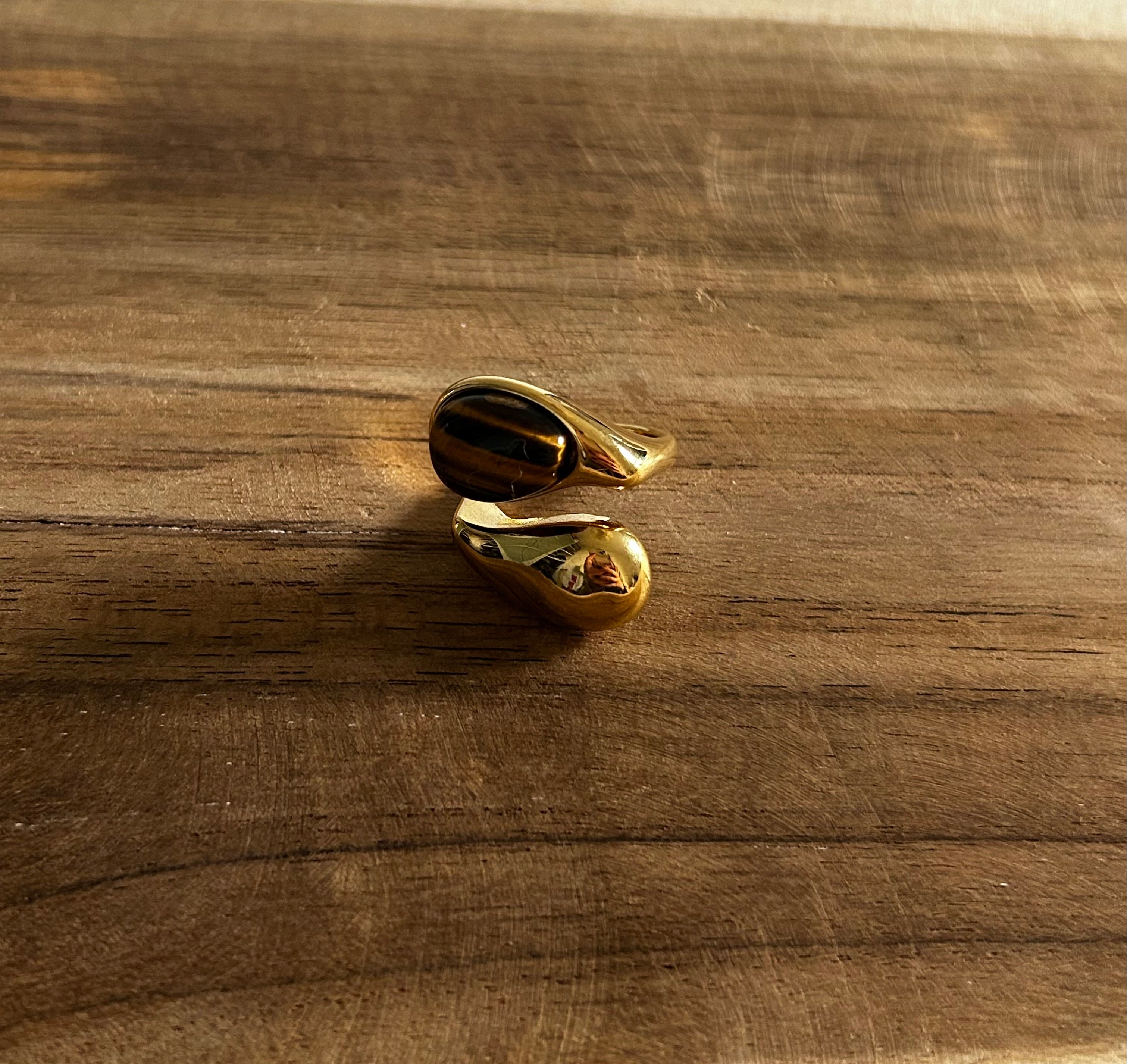 Bague réglable acier inoxydable doré double rang pierre marron