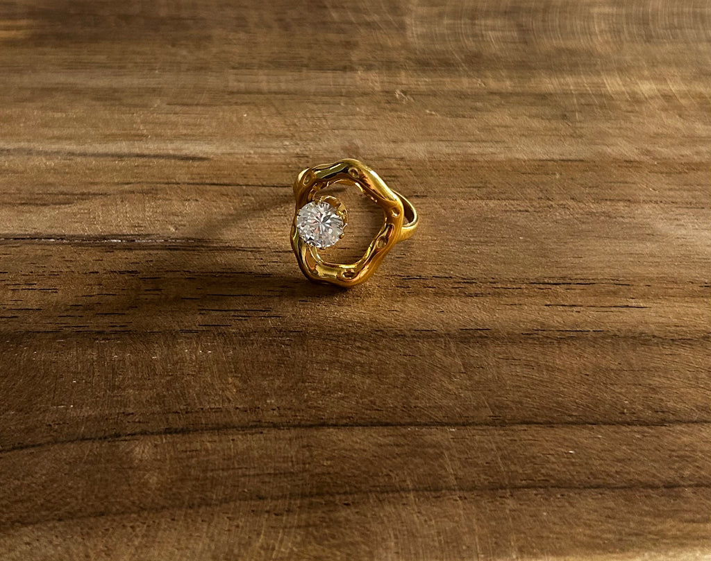 Bague réglable acier inoxydable doré pierre brillante