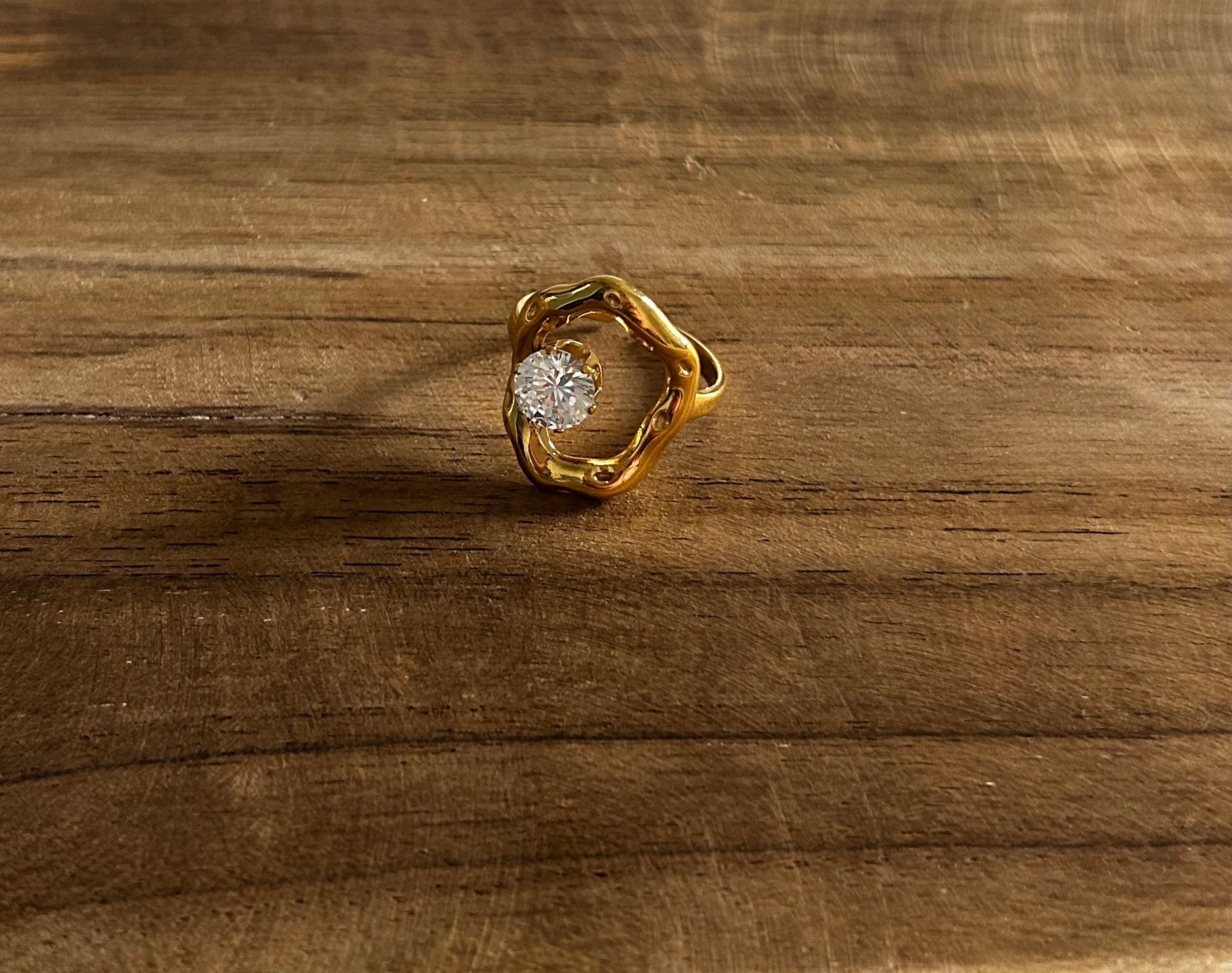 Bague réglable acier inoxydable doré pierre brillante