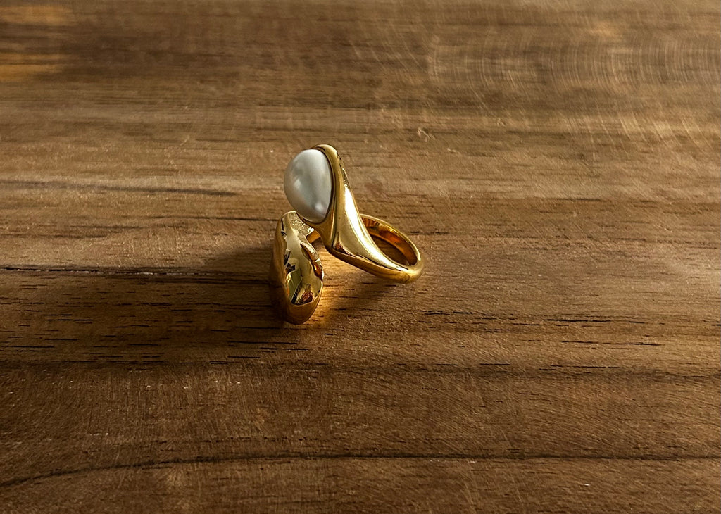 Bague réglable acier inoxydable doré double rang pierre blanche