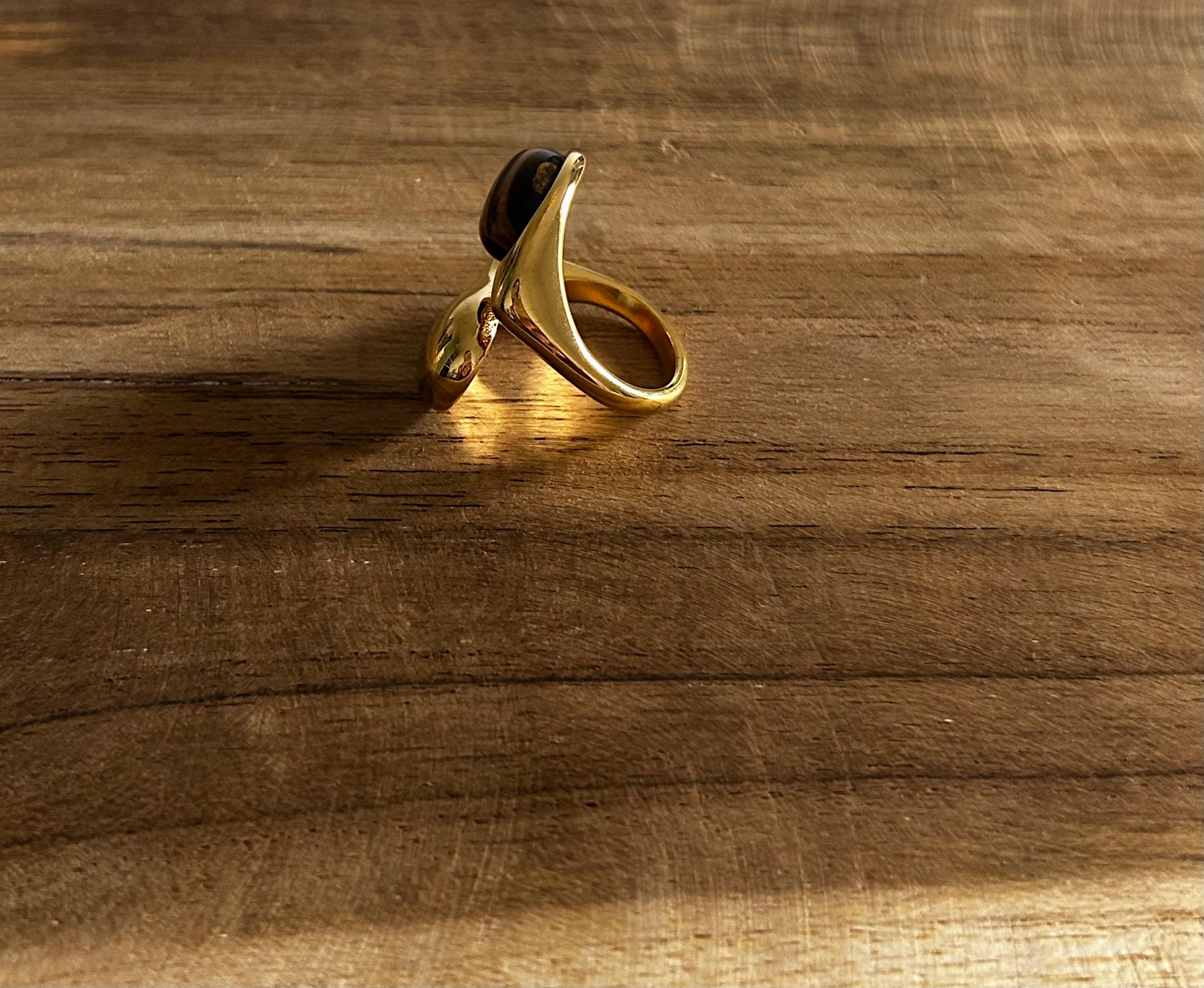 Bague réglable acier inoxydable doré double rang pierre marron