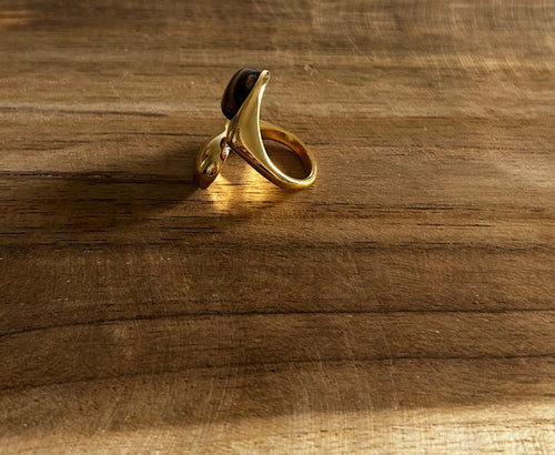 Bague réglable acier inoxydable doré double rang pierre marron