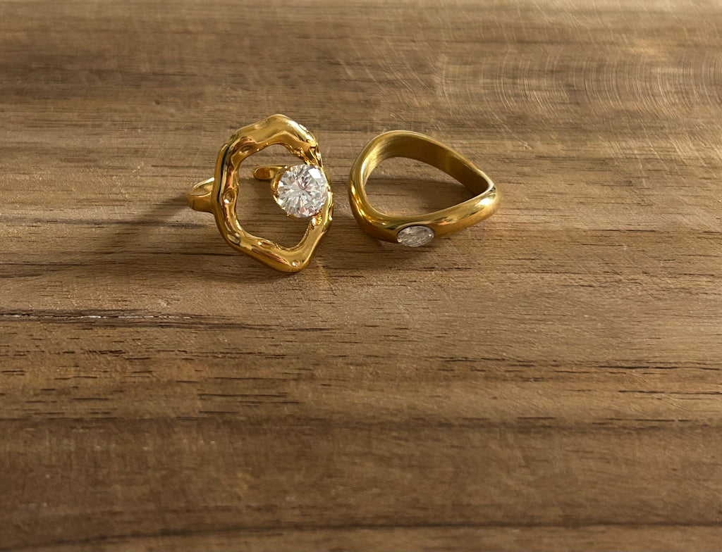 Bague réglable acier inoxydable doré pierre brillante