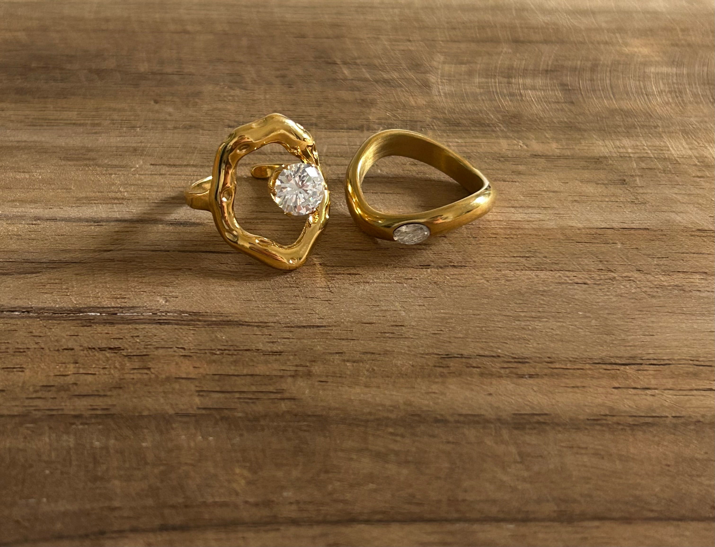 Bague réglable acier inoxydable doré pierre brillante