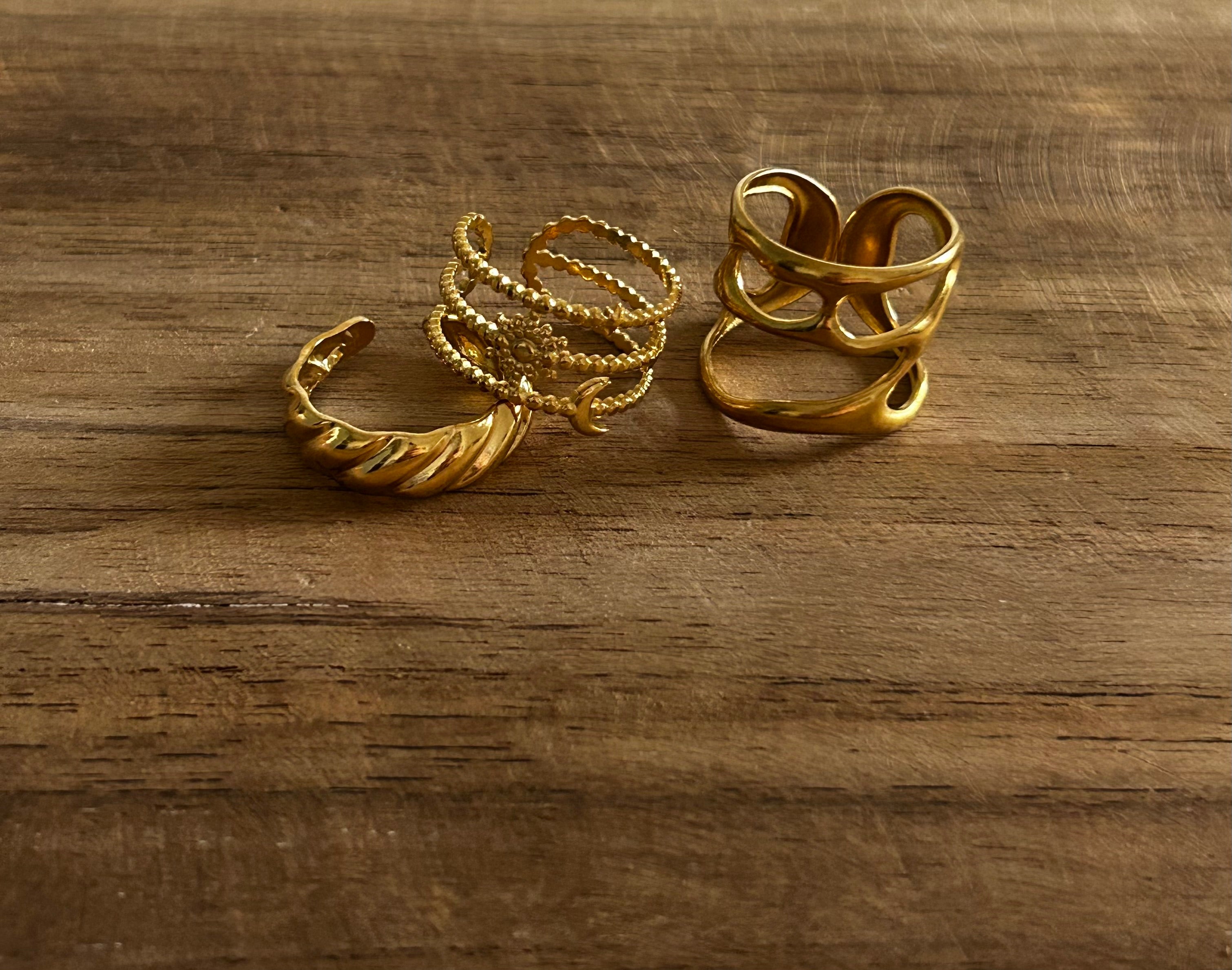 Bague réglable acier inoxydable doré formes géométriques