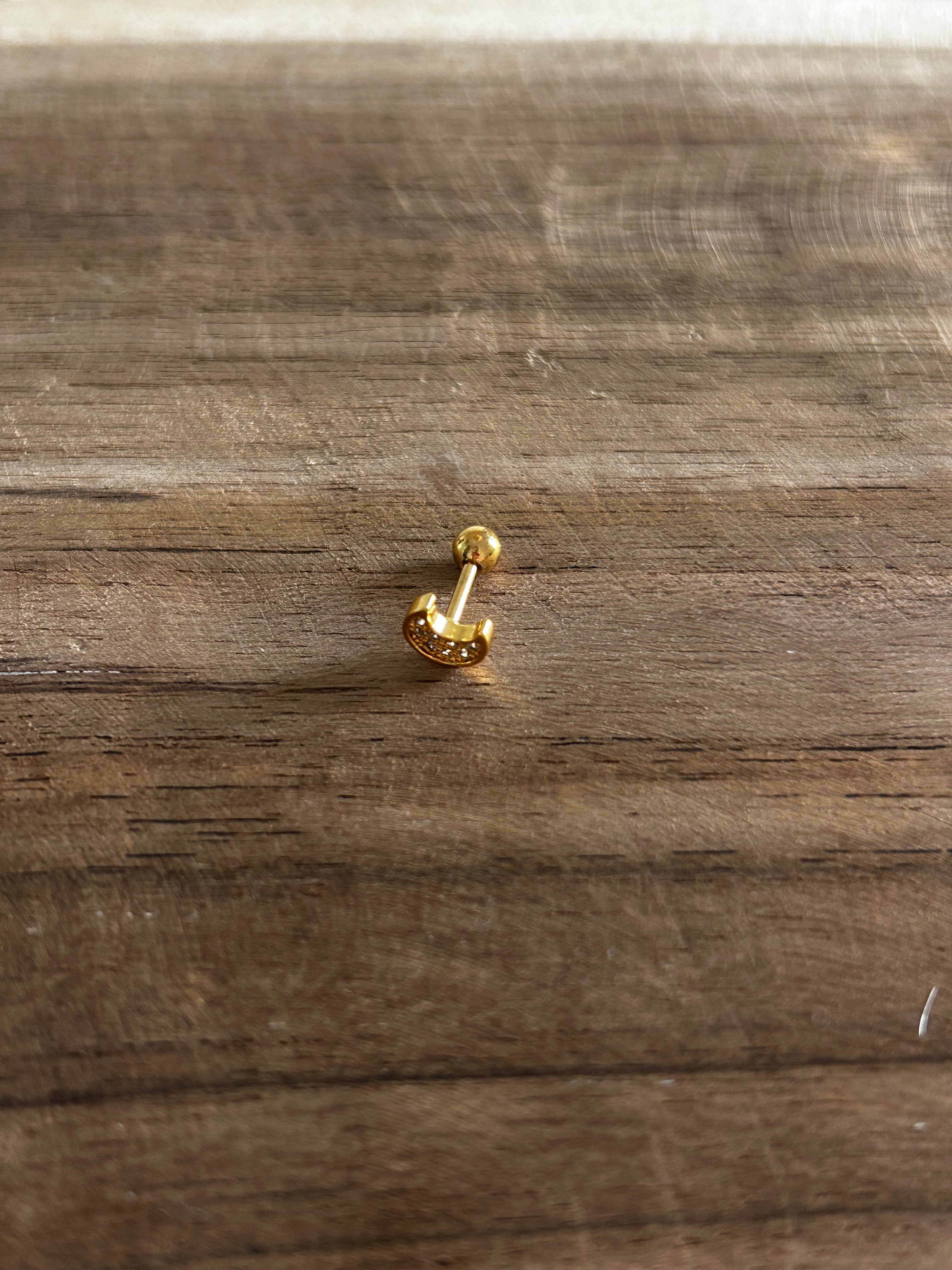 Boucle d’oreille acier inoxydable doré piercing lune à strass