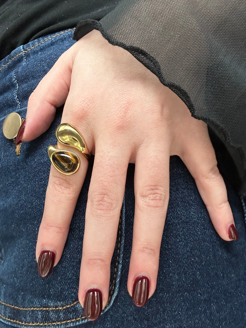 Bague réglable acier inoxydable doré double rang pierre marron