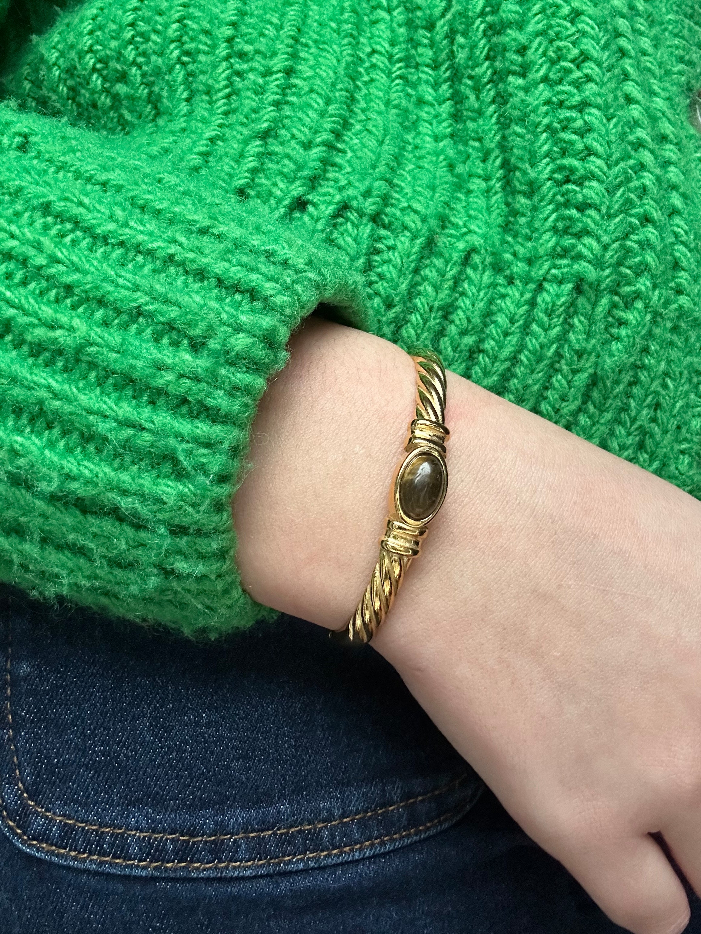 Bracelet réglable acier inoxydable doré pierre marron